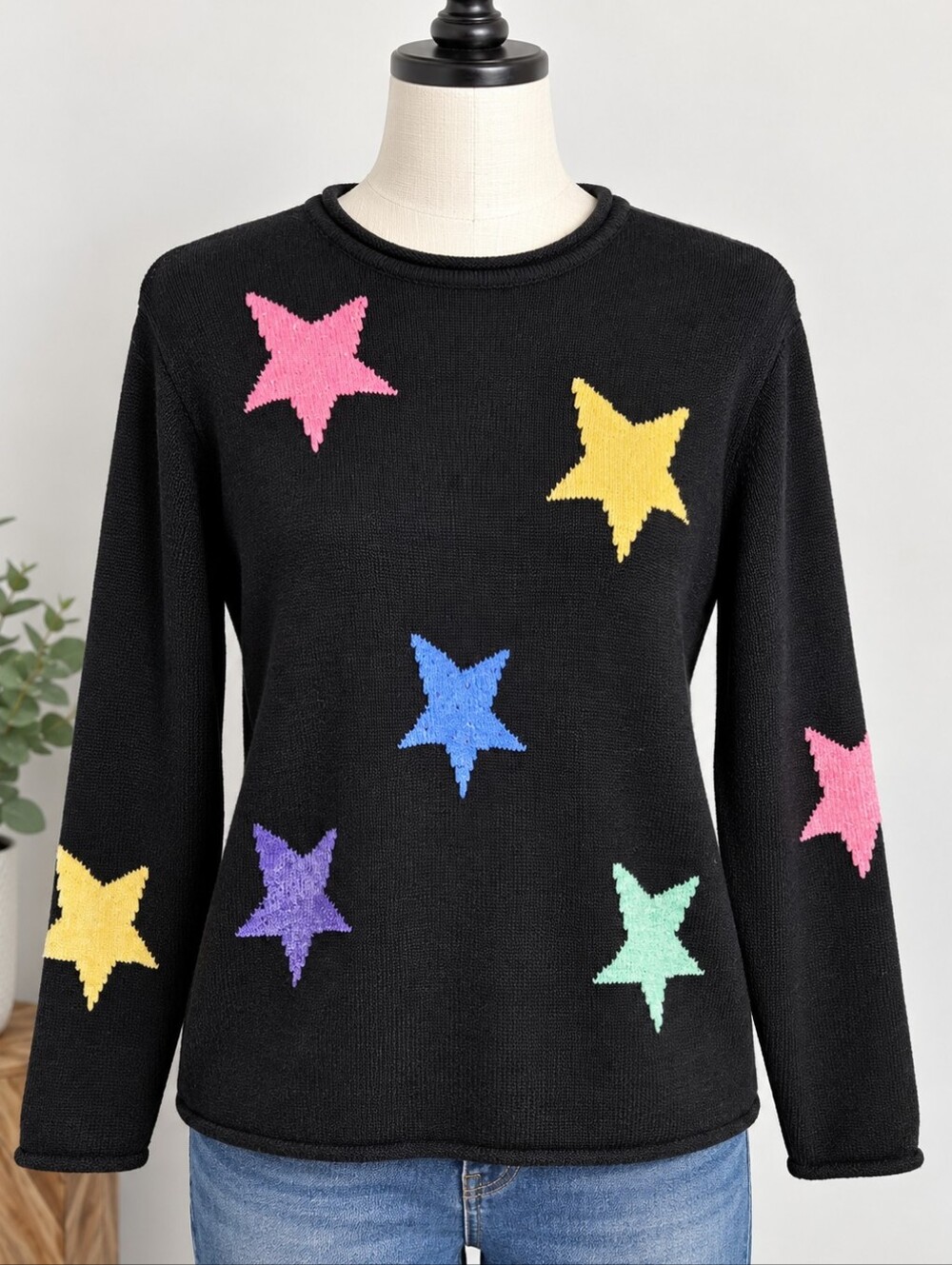 Vintage 90s Quacker Factory Sweater Black Colorful Stars Novelty Knit Hong Kong